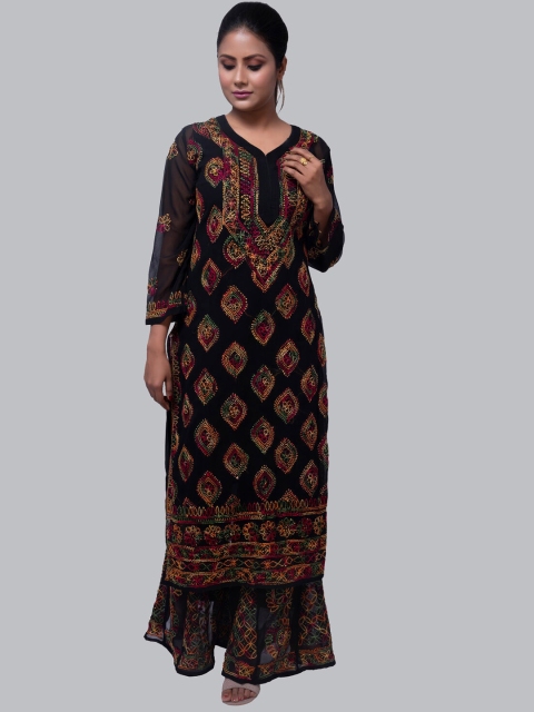 

FAWOMENT Women Black Floral Embroidered Thread Work Kurta with Sharara