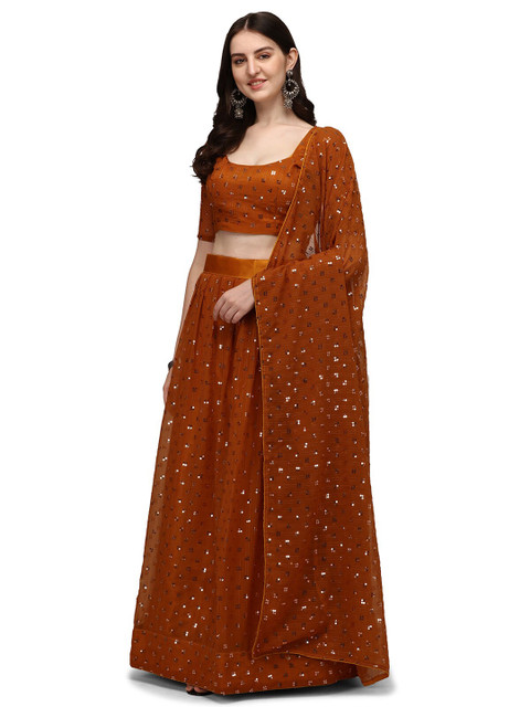 

Pratham Blue Orange Sequinned Semi-Stitched Lehenga & Unstitched Blouse With Dupatta