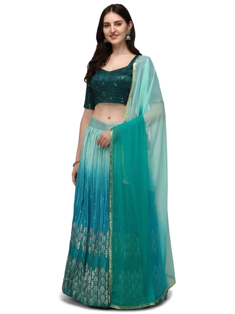 

Pratham Blue Turquoise & Green Embellished Sequinned Semi-Stitched Lehenga & Unstitched Blouse With Dupatta, Turquoise blue