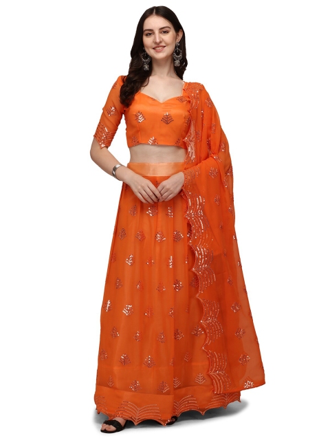 

Pratham Blue Orange Embroidered Sequinned Semi-Stitched Lehenga & Unstitched Blouse With Dupatta