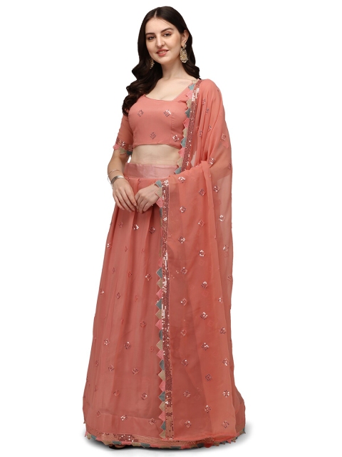 

Pratham Blue Peach Sequinned Semi-Stitched Lehenga & Unstitched Blouse With Dupatta