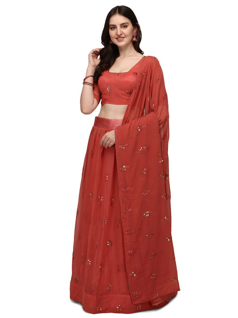 

Pratham Blue Peach-Coloured Embroidered Sequinned Semi-Stitched Lehenga & Unstitched Blouse With Dupatta