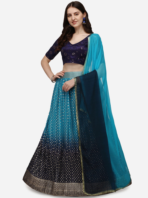 

Pratham Blue & Black Printed Semi-Stitched Lehenga & Unstitched Blouse With Dupatta
