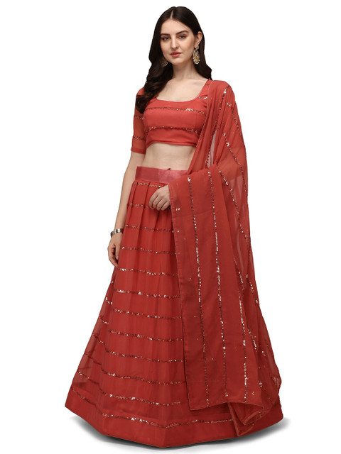 

Pratham Blue Red Sequinned Semi-Stitched Lehenga & Unstitched Blouse With Dupatta
