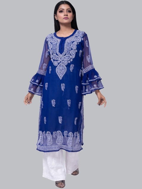 

FAWOMENT Women Blue Paisley Printed Flared Sleeves Georgette Anarkali Kurta
