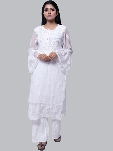 

FAWOMENT Women White Embroidered Flared Sleeves Chikankari Georgette Anarkali Kurta