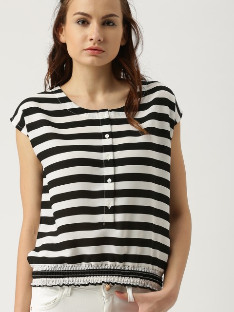 

Ms.Taken Women Black & White Striped Blouson Top