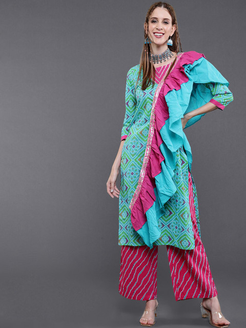 

saubhagya Women Blue Ethnic Motifs Printed Pure Cotton Kurta with Palazzos & With Dupatta