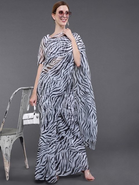 

saubhagya Black & White Printed Silk Blend Saree