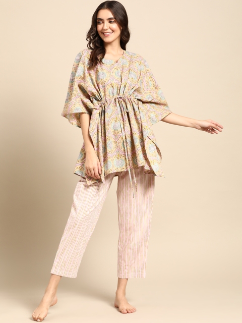 

Prakrti Women Beige & Pink Printed Pure Cotton Night suit