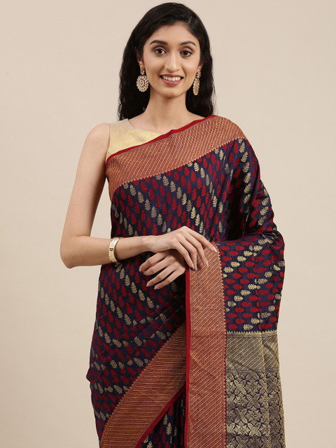 

PERFECTBLUE Navy Blue & Red Ethnic Motifs Zari Art Silk Kanjeevaram Saree