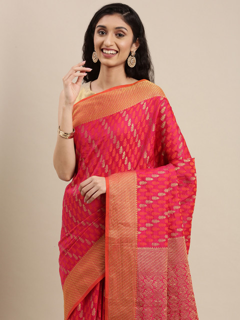 

PERFECTBLUE Pink & Gold-Toned Ethnic Motifs Zari Art Silk Kanjeevaram Saree