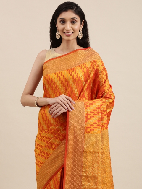 

PERFECTBLUE Orange & Gold-Toned Ethnic Motifs Zari Art Silk Kanjeevaram Saree