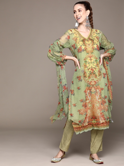 

aarke Ritu Kumar Women Green Floral Printed Kurta with Trousers & With Dupatta
