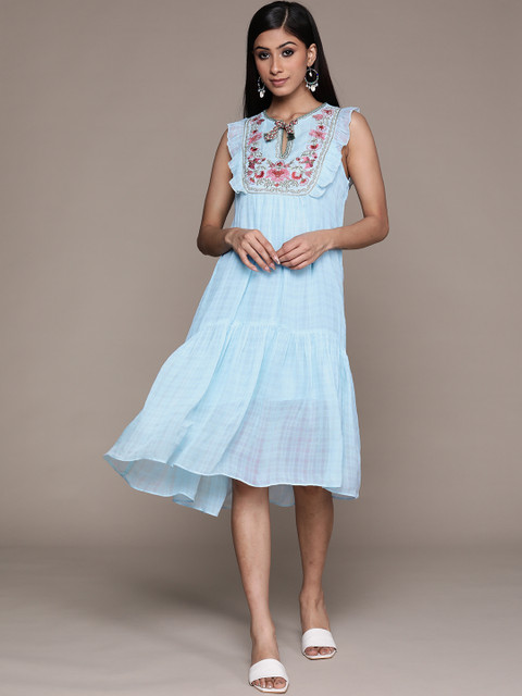 

aarke Ritu Kumar Turquoise Blue Floral Embroidered Tie-Up Neck A-Line Midi Dress