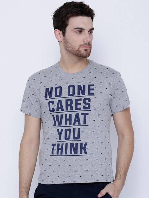 

LOCOMOTIVE Men Grey Melange Printed Slim Fit T-shirt