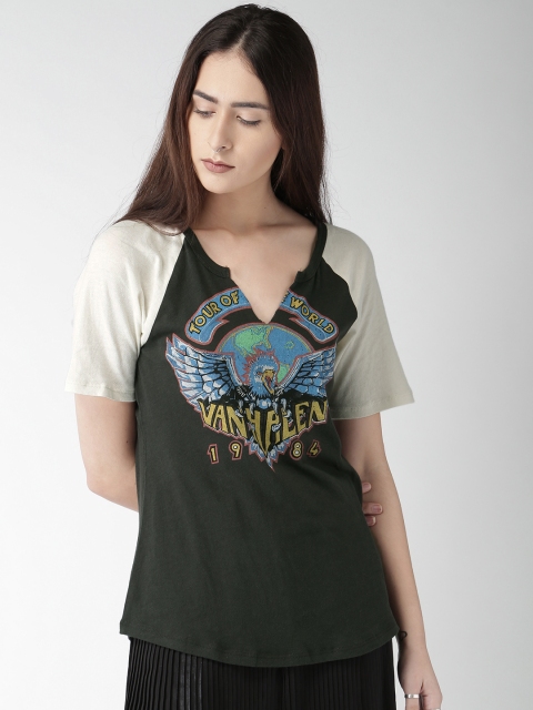 

FOREVER 21 Women Olive Green Printed T-shirt