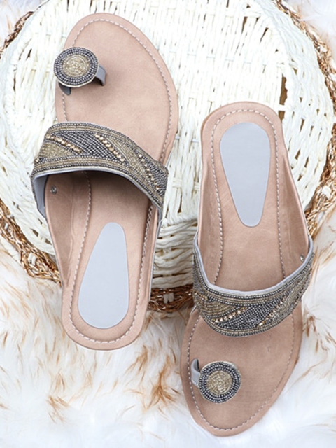 

THE WHITE POLE Women Grey Embellished Ethnic Open Toe Flats