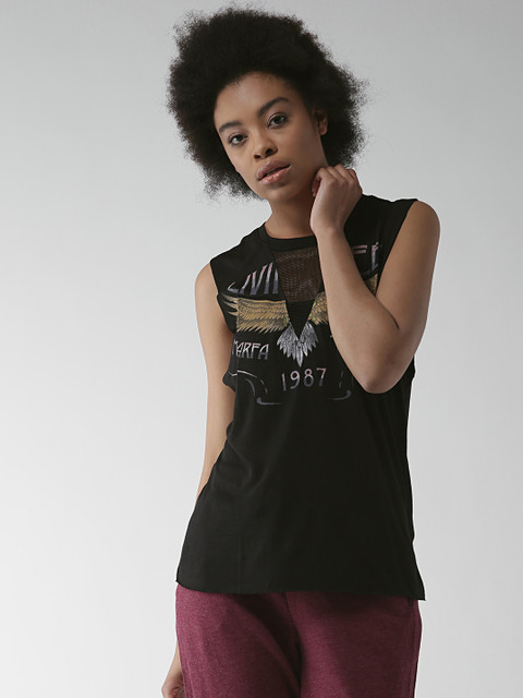 

FOREVER 21 Women Black Printed Round Neck T-shirt