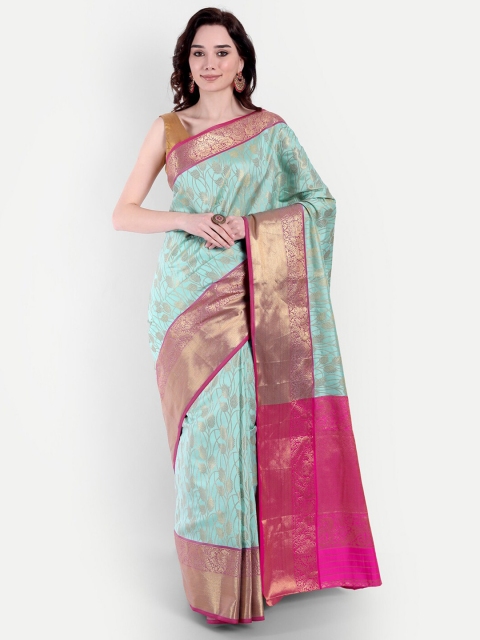 

VAIVIDHYAM Green & Pink Floral Zari Silk Cotton Banarasi Saree