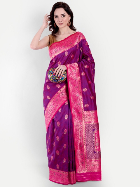 

VAIVIDHYAM Purple & Pink Woven Design Zari Silk Cotton Banarasi Saree