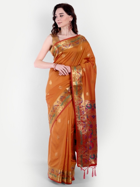 

VAIVIDHYAM Orange & Gold-Toned Floral Zari Silk Cotton Paithani Saree