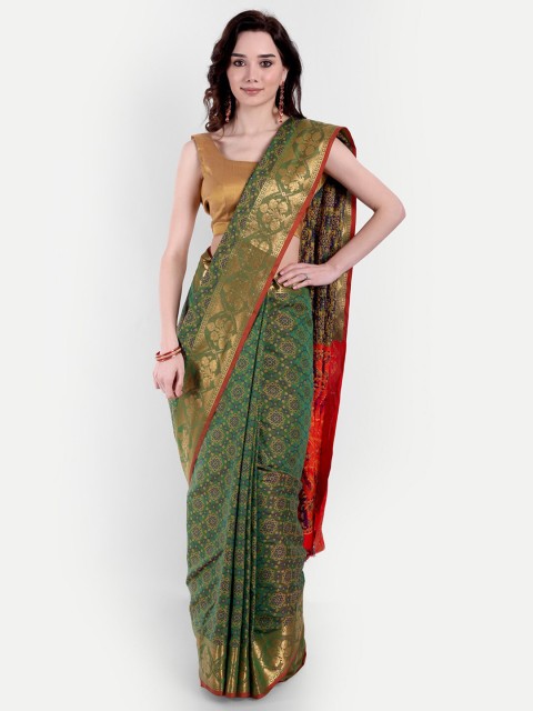 

VAIVIDHYAM Green & Red Ethnic Motifs Zari Silk Cotton Paithani Saree