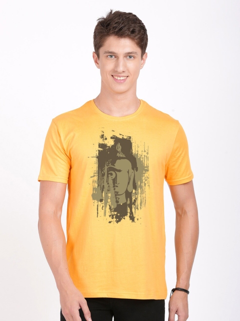 

BLACK RADIO Men Yellow & Charcoal Printed Slim Fit Cotton T-shirt