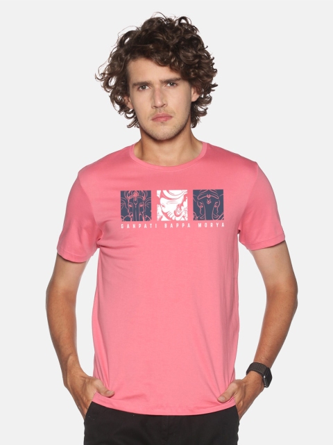 

BLACK RADIO Men Pink Printed Slim Fit Cotton T-shirt
