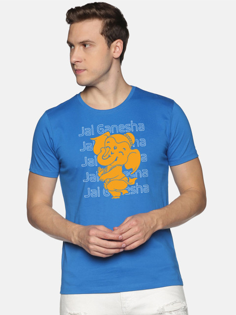

BLACK RADIO Men Turquoise Blue Typography Printed Applique Slim Fit T-shirt