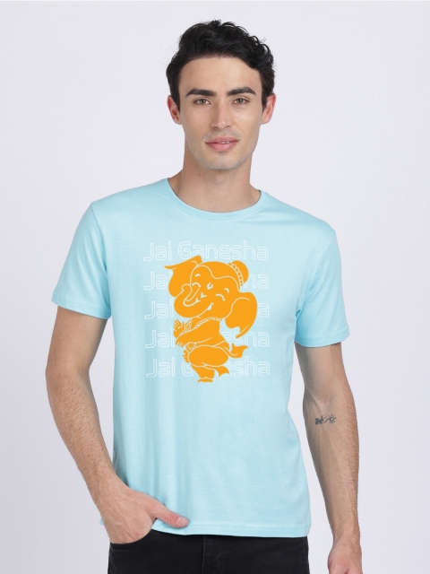 

BLACK RADIO Men Blue & Yellow Printed Slim Fit Cotton T-shirt