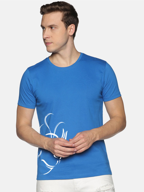 

BLACK RADIO Men Turquoise Blue Printed Tropical Raw Edge Slim Fit T-shirt