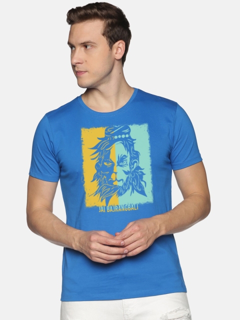 

BLACK RADIO Men Turquoise Blue Printed Raw Edge Slim Fit T-shirt
