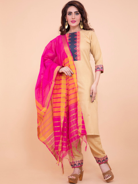 

POONAM DESIGNER Women Beige Panelled Pure Cotton Kurti with Trousers & With Dupatta