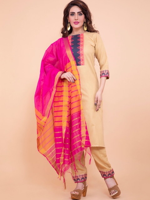 

POONAM DESIGNER Women Beige Panelled Pure Cotton Kurti with Trousers & With Dupatta