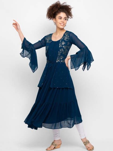 

ZOLA Teal Paisley Yoke Design Flared Sleeves Georgette Anarkali Kurta