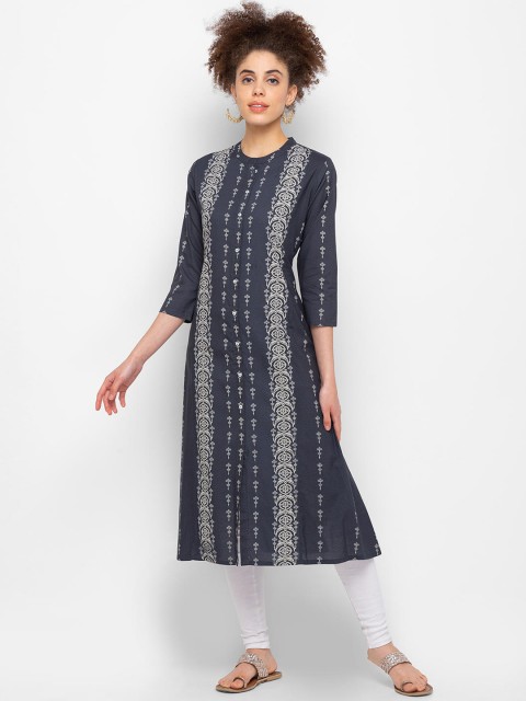 

ZOLA Women Grey & Navy Blue Ethnic Motifs Kurta