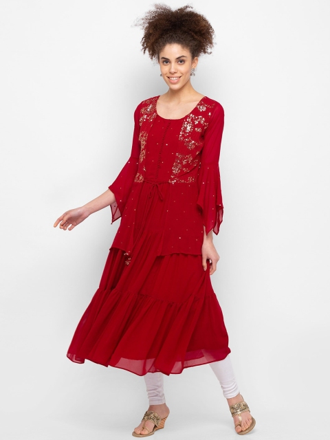 

ZOLA Women Maroon Embellished Flared Sleeves Georgette Anarkali Kurta