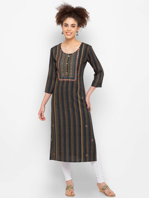 

ZOLA Women Green Printed & Thread Work Viscose Rayon Kurta