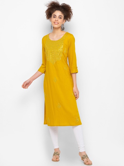 

ZOLA Women Yellow Geometric Embroidered Mirror Work Kurta
