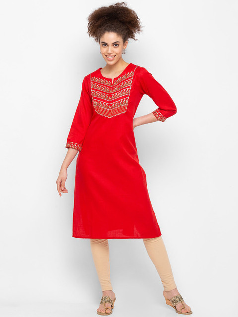 

ZOLA Women Red Yoke Design Thread Work Cotton Kurta