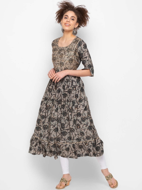 

ZOLA Women Green Ethnic Motifs Printed Thread Work Chanderi Silk Anarkali Kurta
