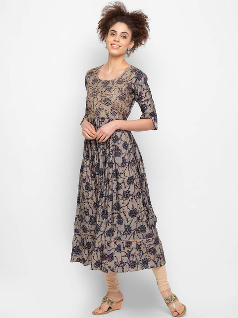 

ZOLA Women Brown & Navy Blue Printed Hand Embroidered Chanderi Silk Anarkali Kurta