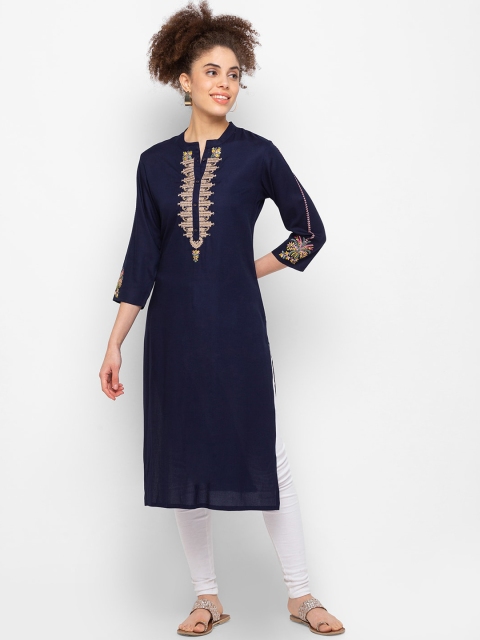 

ZOLA Women Navy Blue Hand Embroidered Thread Work Straight Kurta
