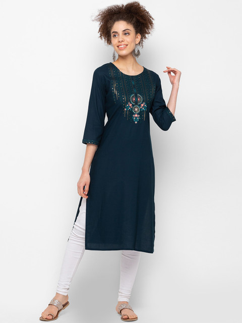 

ZOLA Women Teal Floral Embroidered Thread Work Kurta