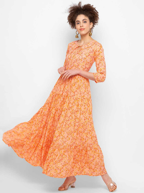

ZOLA Women Peach Printed Keyhole Neck Anarkali