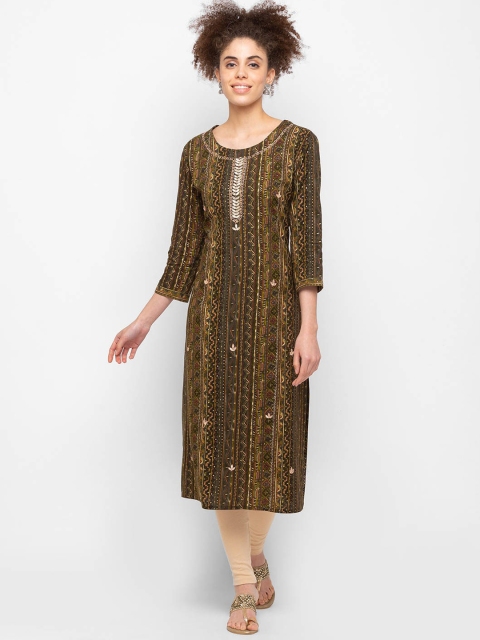 

ZOLA Women Olive Green Tribal Printed Straight Kurta