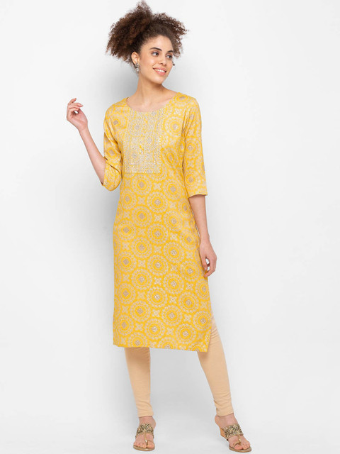 

ZOLA Women Mustard Yellow & Beige Ethnic Motifs Printed Thread Work Kurta