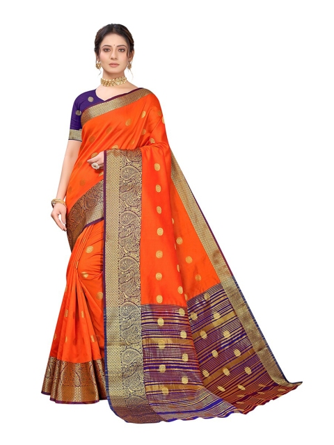 

Pisara Orange & Purple Ethnic Motifs Zari Silk Cotton Chanderi Saree