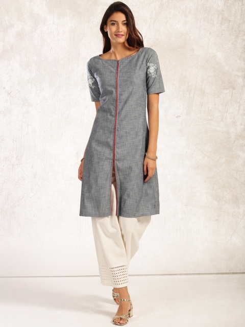

Anouk Women Grey Solid Straight Kurta